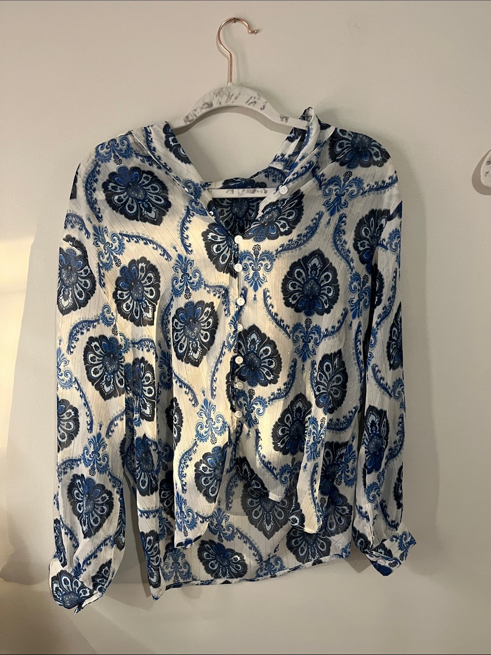 Blue Floral Medallion Button-Front Blouse